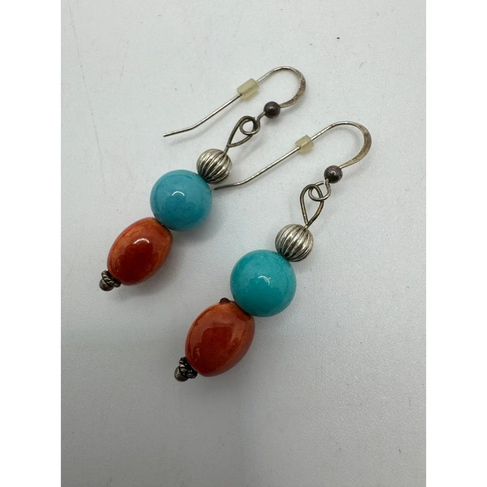 Southwestern Beaded Necklace and Earring Set Orange Turquoise Statement 18in